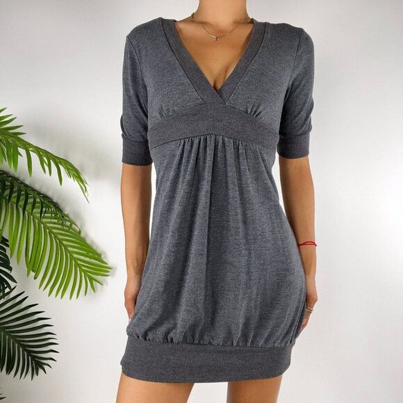 Womens Vintage Y2K Gray Casual Indie Minimal Coquette Short Sleeve Mini Dress /S - Picture 1 of 7